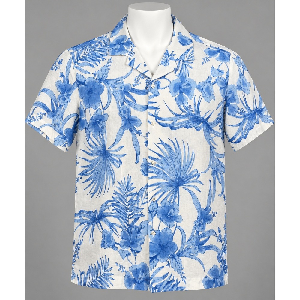 Porter & Ash Shirt Mens L Blue White Floral 100% Linen Short Sleeve Excellent